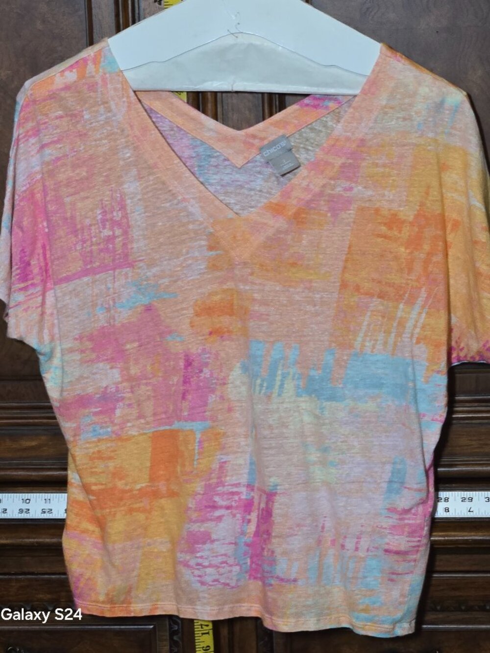 Chico’s Linen V Neck Top Size 2 Large Multicolor Abstract Short Sleeve